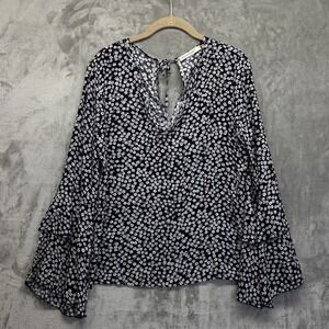 Anna Kaci Ditsy Floral Ruffle‎ Sleeve Top Women's L Navy Boho Cottage Flowy
